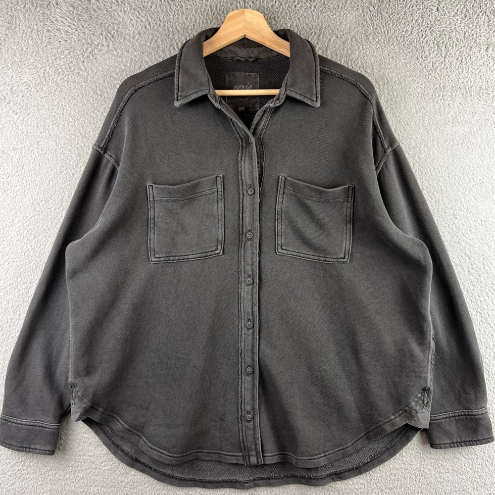 Aerie Oversized Button Down Shirt Charcoal Gray Raw Edge Fleece Shacket XXS
